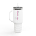 40oz Insulated Travel Mug — "magic in motion" Minimalist White Tumbler with Straw & Handle