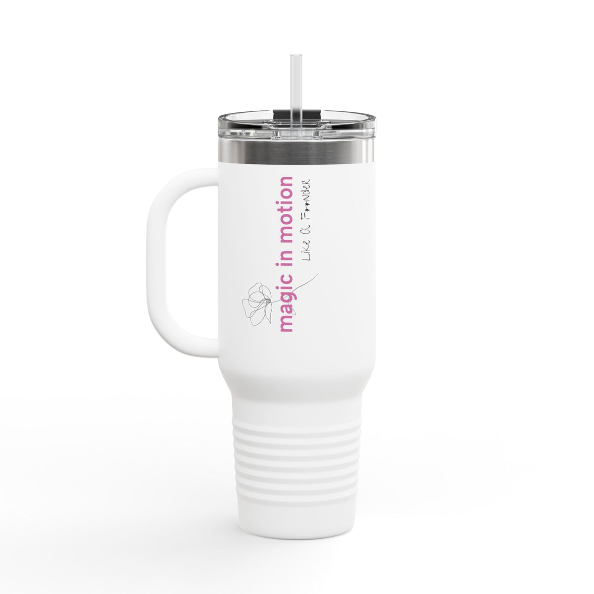 40oz Insulated Travel Mug — "magic in motion" Minimalist White Tumbler with Straw & Handle