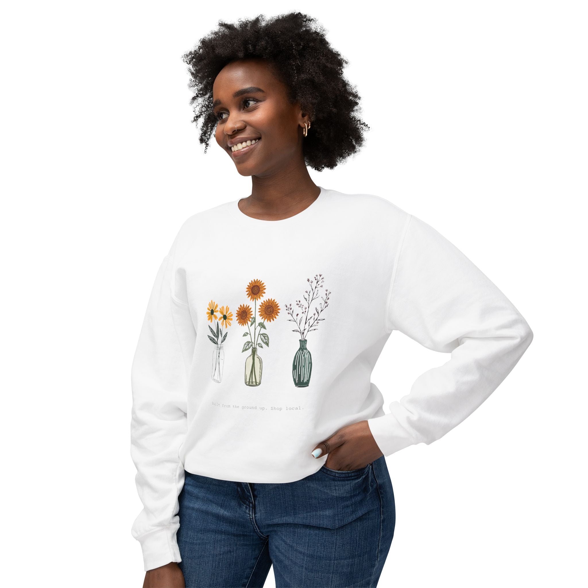 Floral Vases Crewneck Sweatshirt — Minimal Sunflower & Wildflower Design