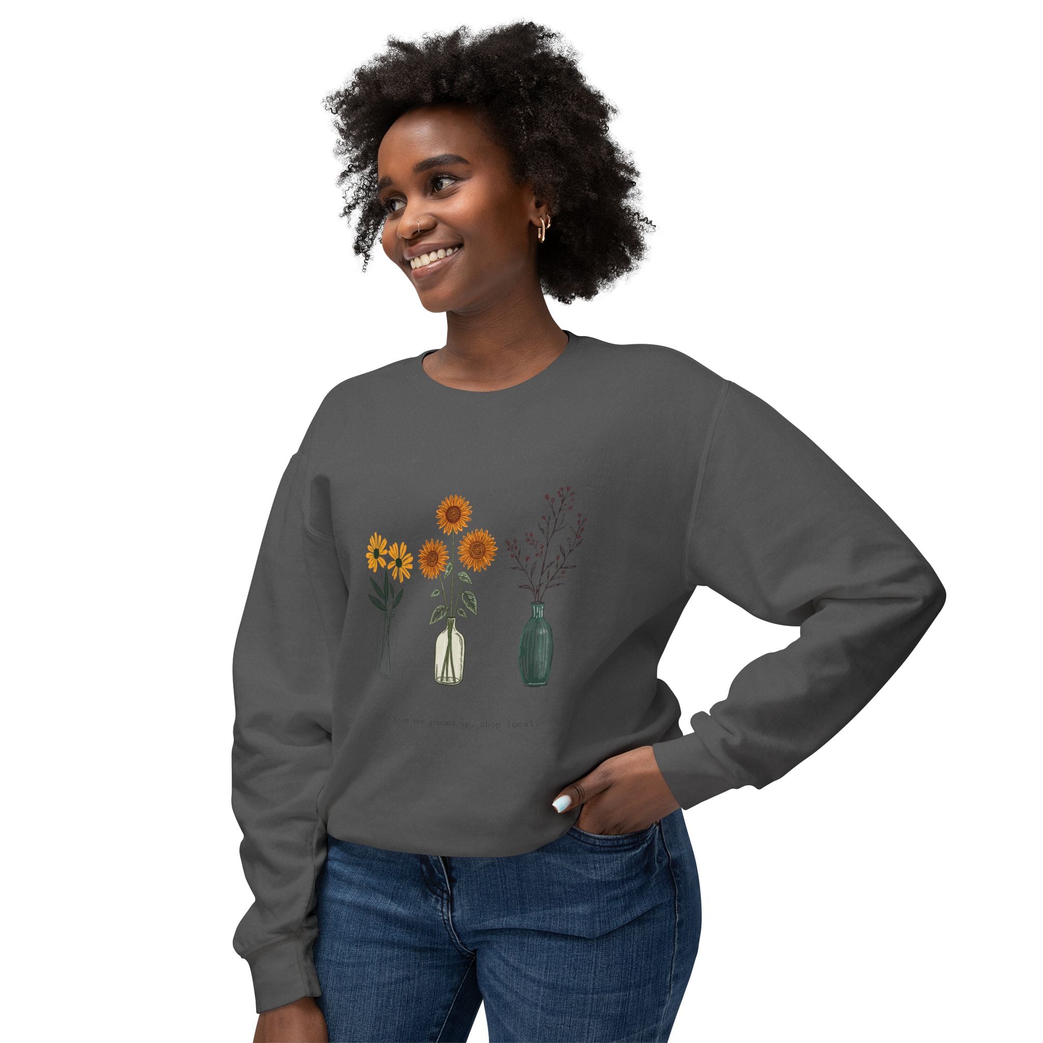 Floral Vases Crewneck Sweatshirt — Minimal Sunflower & Wildflower Design